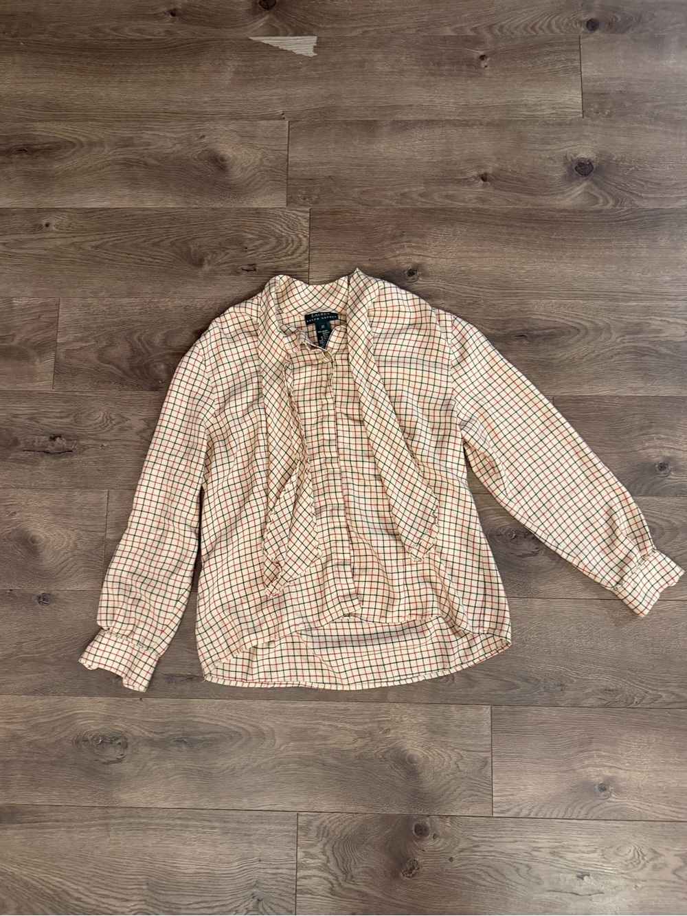 Lauren Ralph Lauren Cream Plaid Button-Front Blouse with Neck Tie